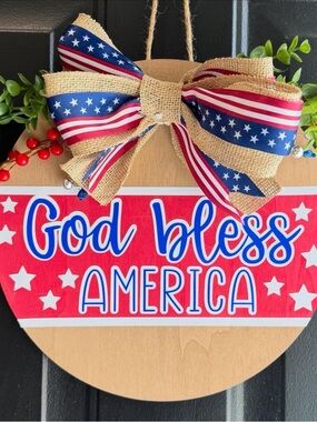 God Bless America Patriotic Red Wood Door Hanger with Bow